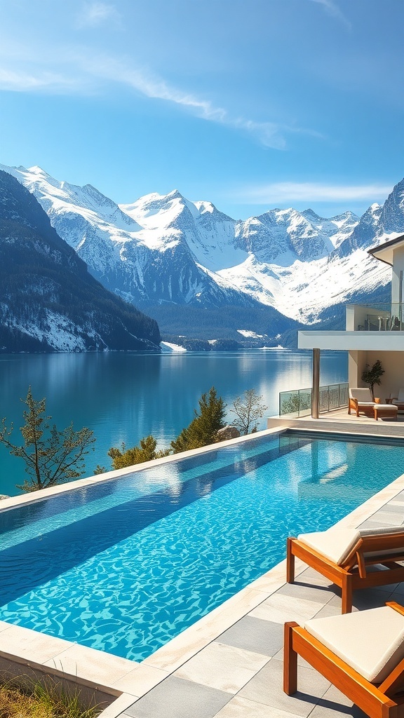 Klarer Bergsee in der Schweiz mit schneebedeckten Bergen im Hintergrund und einem Pool im Vordergrund.