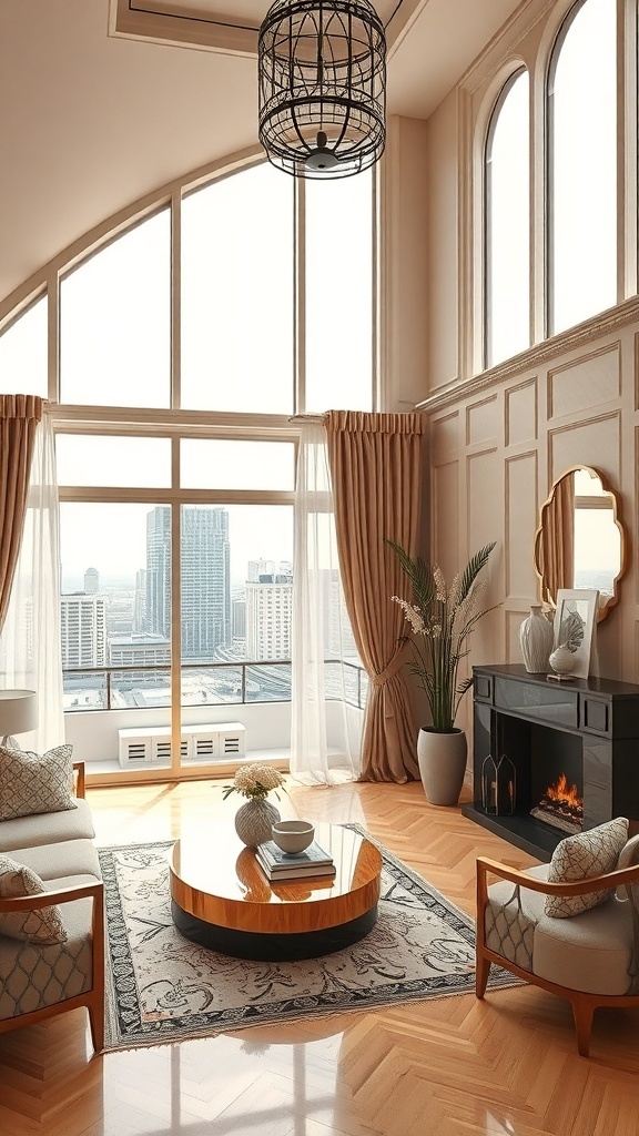 Ein elegantes Art Deco Wohnzimmer mit großen Fenstern, einem runden Couchtisch und stilvollen Möbeln.