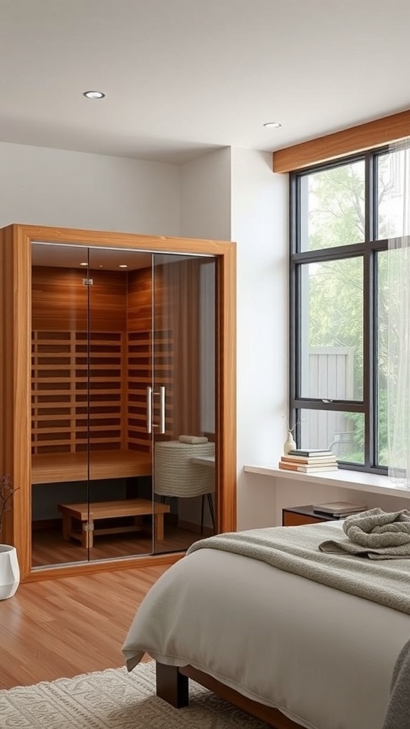 Innenansicht einer klassischen finnischen Sauna mit Holzofen und Blick aus dem Fenster
