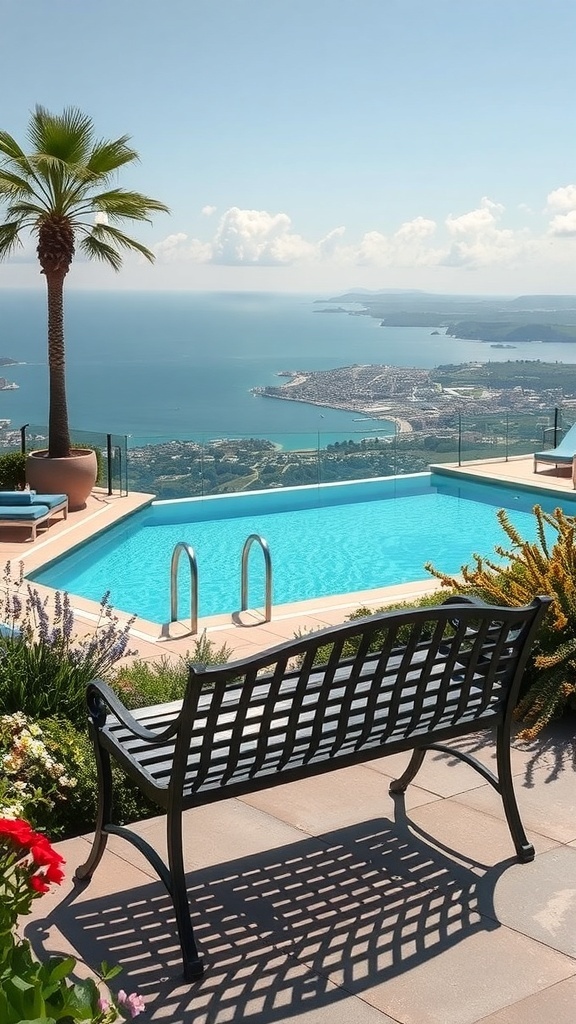 Klassische Gartenbank mit Blick auf den Pool und das Meer