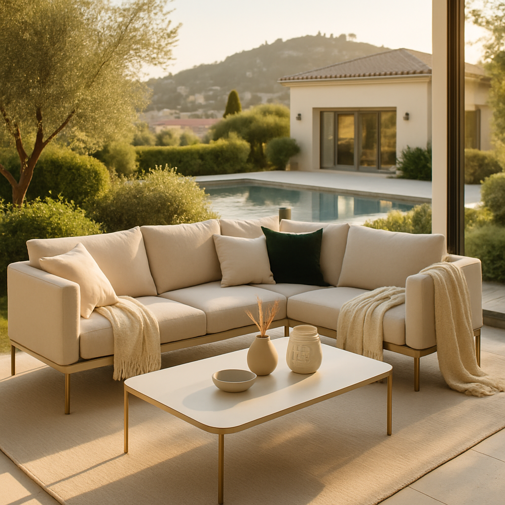 Ein klassisches Outdoor-Lounge-Set mit hellen Kissen und einem Tisch, umgeben von einem Garten und einem Pool.