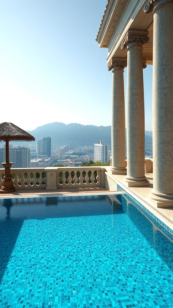Klassischer römischer Pool mit Mosaik und Säulen, Blick auf die Stadt und Berge