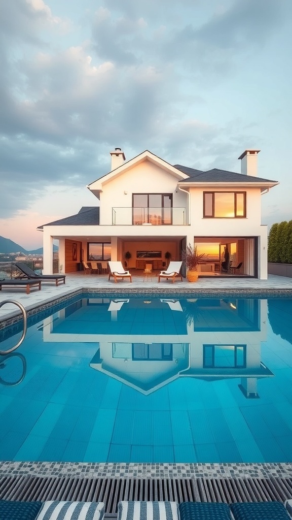Klassisches Schwimmbad im mediterranen Stil mit blühenden Pflanzen und einem charmanten Haus im Hintergrund