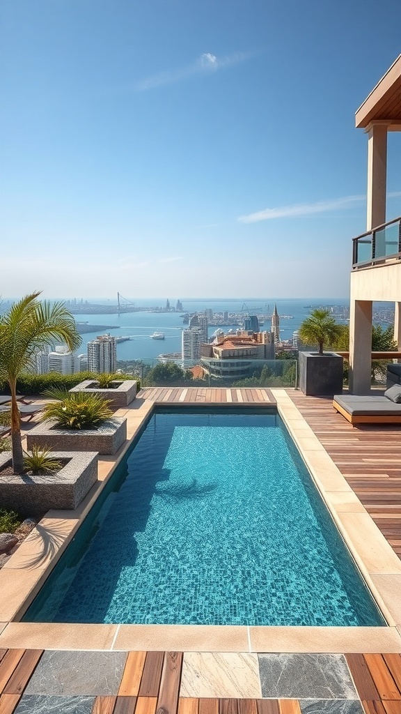 Ein Pool mit Holzdeck und Natursteinen, umgeben von Pflanzen und einer schönen Aussicht.