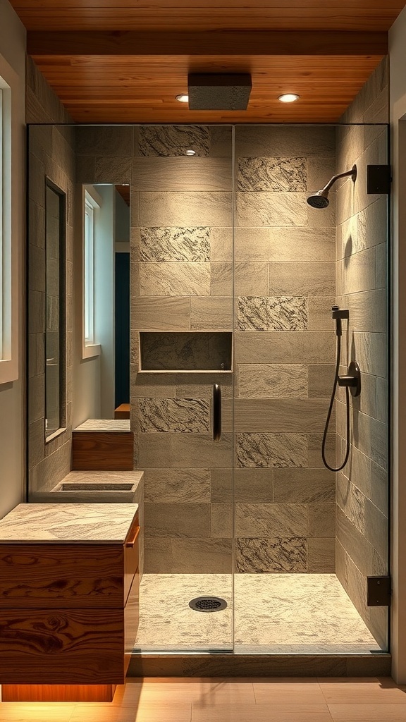 Walk-In-Dusche mit Holz- und Steinelementen