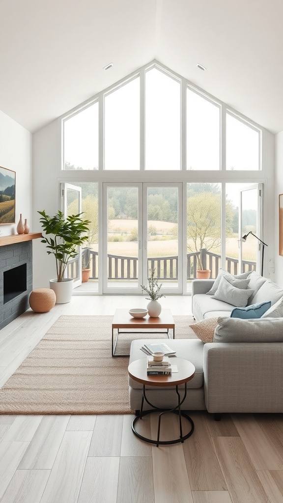 Modernes Wohnzimmer im Bauernhausstil mit großen Fenstern und minimalistischer Einrichtung