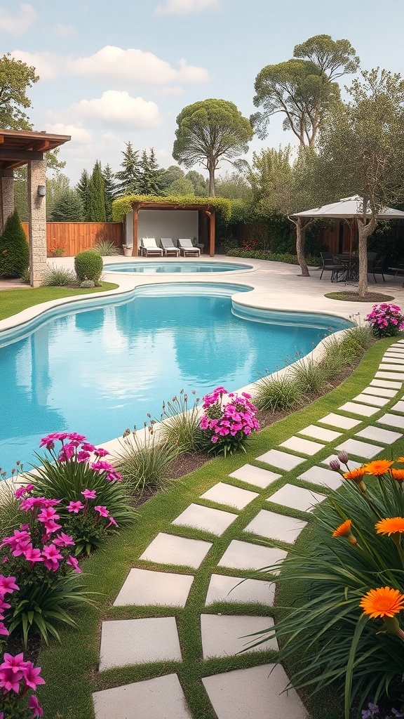 Ein schöner Garten mit einem Pool, umgeben von bunten Blumen und gepflasterten Wegen.