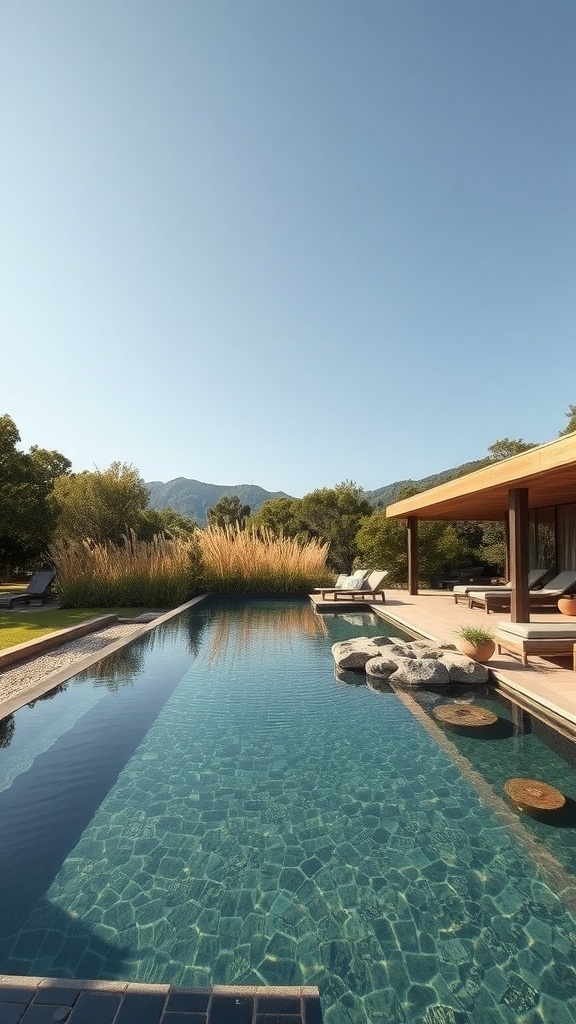 Ein Naturpool mit Schwimm- und Biotopbereichen in einem modernen Garten