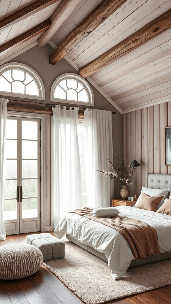 Schlafzimmer mit kirschroten Möbeln und Holz-Elementen