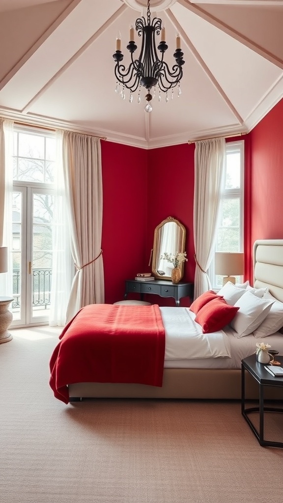 Ein stilvolles Schlafzimmer mit kirschroten Wänden, beigem Bett und neutralen Vorhängen.