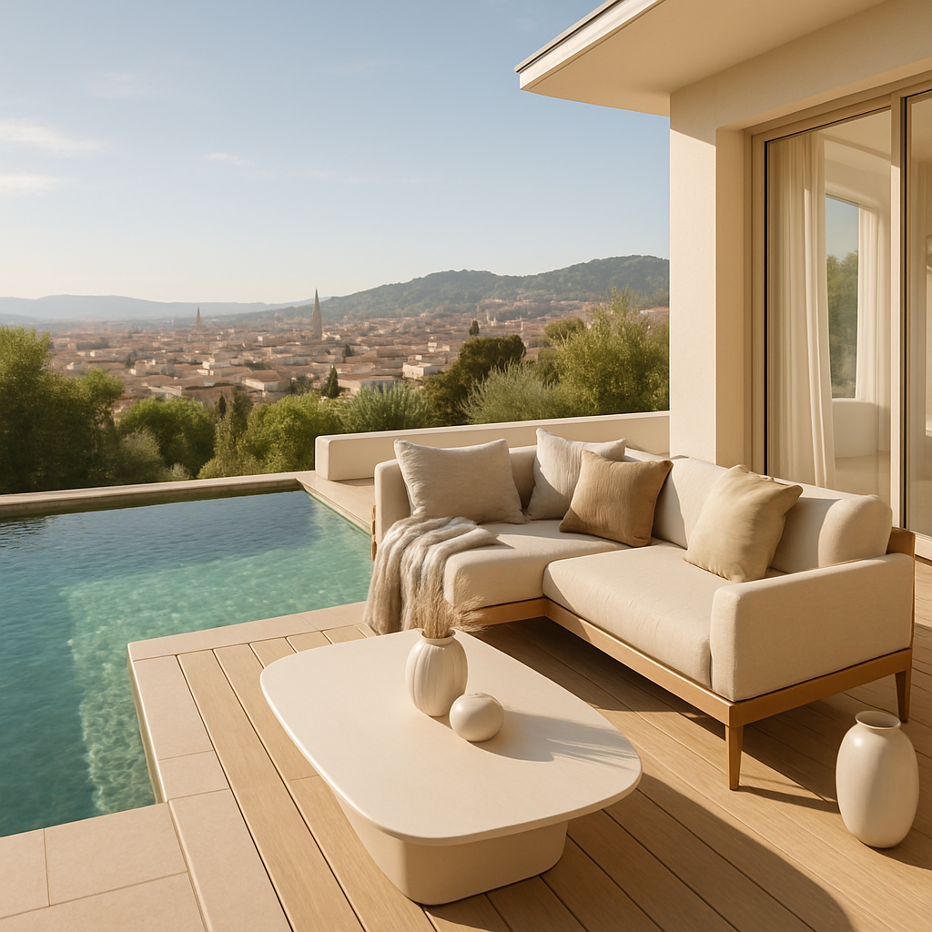 Moderne Terrasse mit Naturpool und gemütlicher Couch