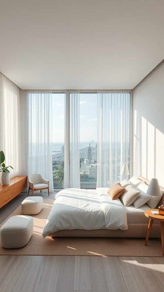 Ein minimalistisches Schlafzimmer mit großen Fenstern, Holzmöbeln und sanften Farben.