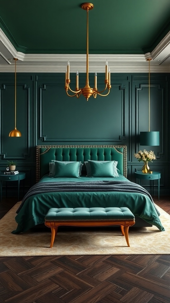 Luxuriöses Schlafzimmer in Dunkelgrün mit goldenen Akzenten