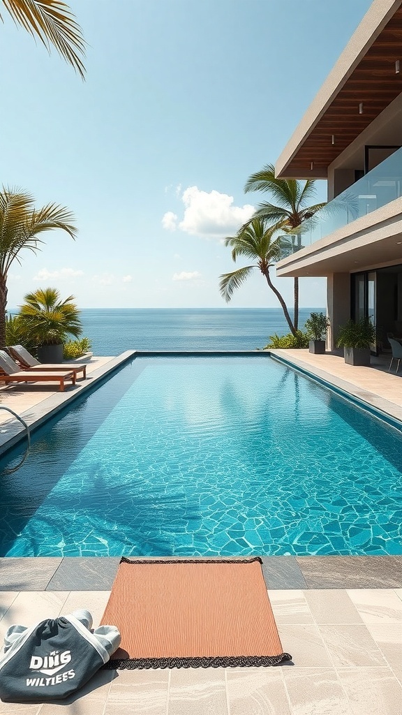 Ein luxuriöser Vitality Pool mit Blick auf das Meer, umgeben von Palmen und Liegen.