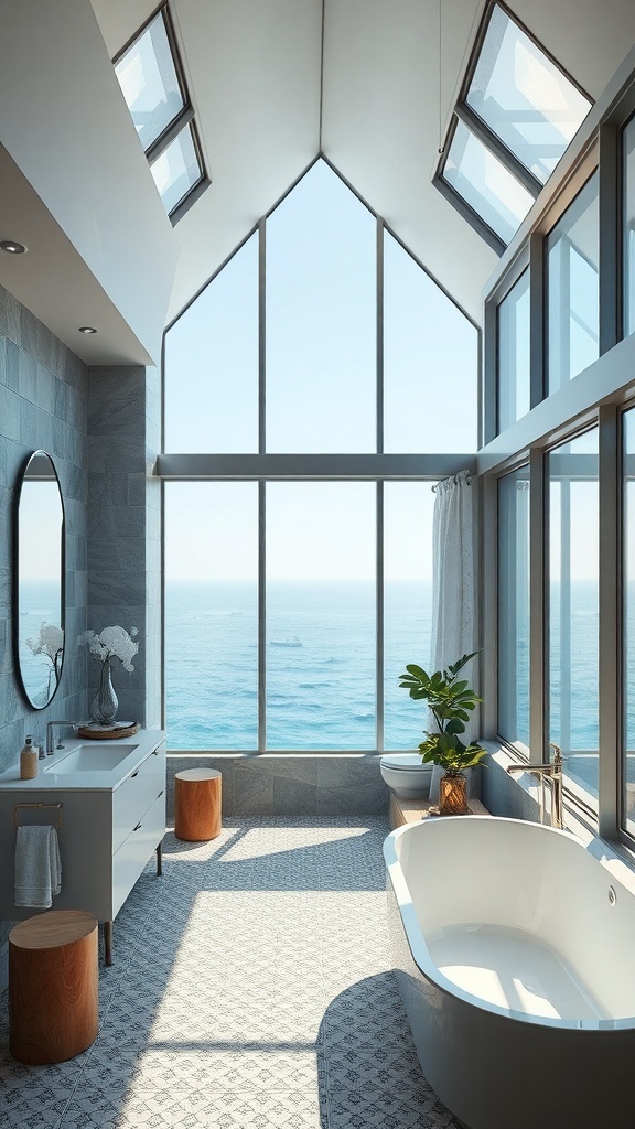 Modernes Badezimmer mit großen Fenstern und Meerblick