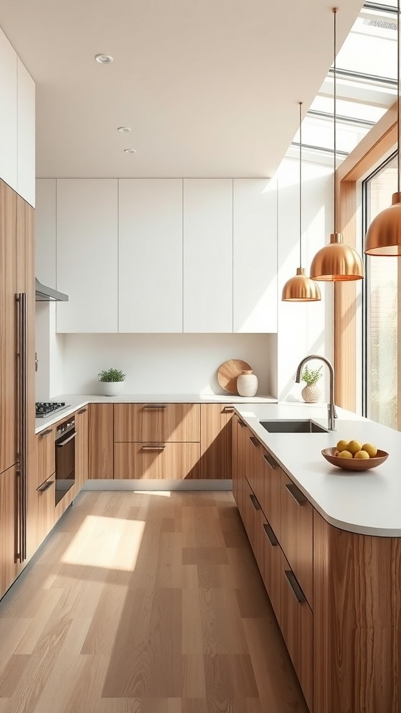 Moderne Küche mit Holz- und Metallelementen, einschließlich Kupferpendelleuchten.
