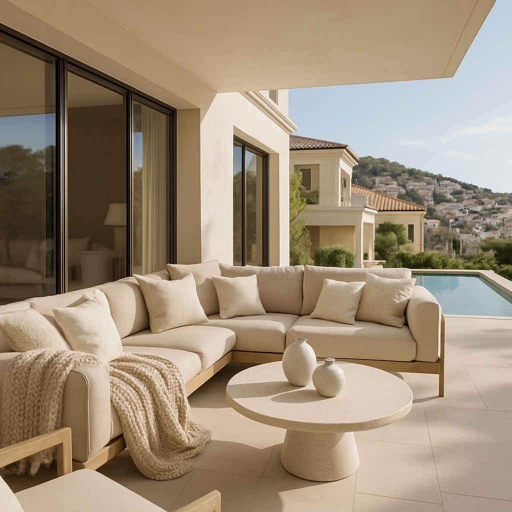 Stilvolle Terrasse mit bequemer Sitzgruppe und Blick auf die Landschaft