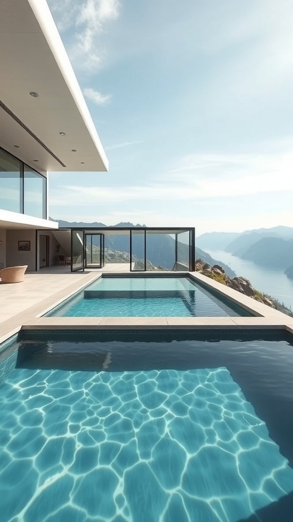 Ein moderner Innen- und Außenpool mit Blick auf die Berge und den Himmel.