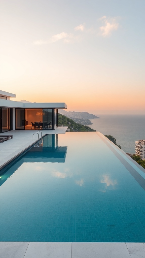 Infinity-Pool mit Blick auf das Meer und die Berge bei Sonnenuntergang