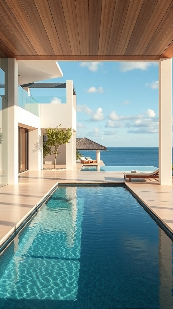 Innenpool mit Blick auf den Außenpool und das Meer