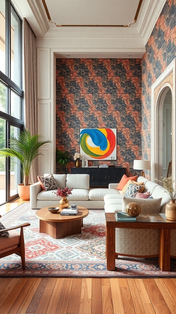 Ein stilvoller Wohnraum mit gemusterter Tapete, einem neutralen Sofa und bunten Kissen.