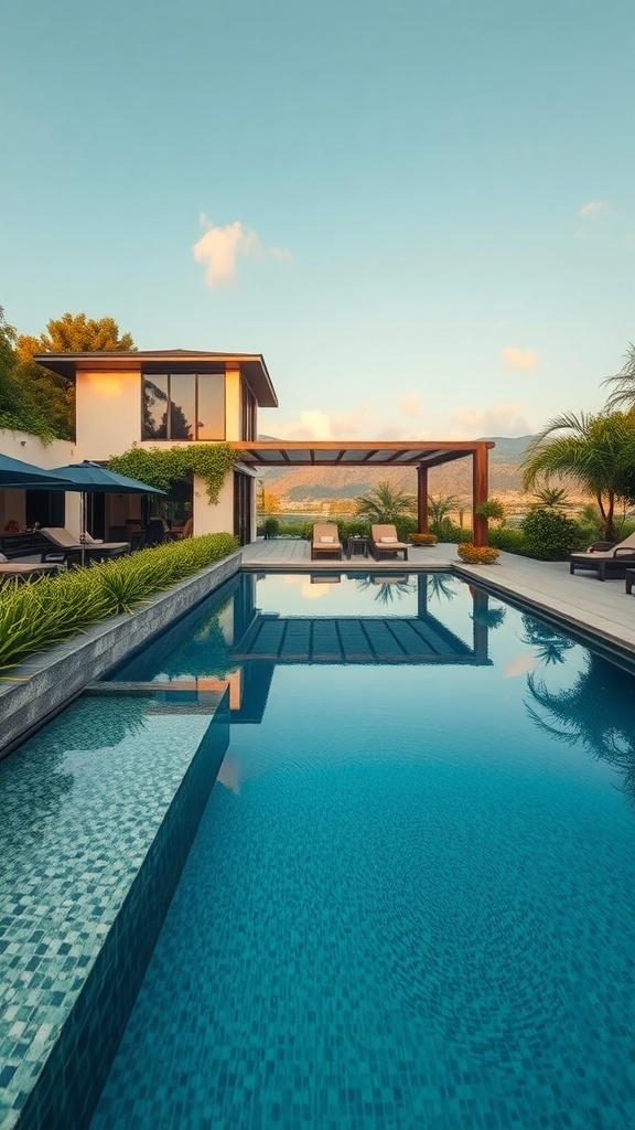 Moderner Naturpool mit Pflanzenzonen und klaren Linien