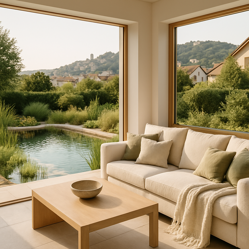 Ein gemütlicher Wohnraum mit Blick auf einen Naturpool und Pflanzen im Garten.