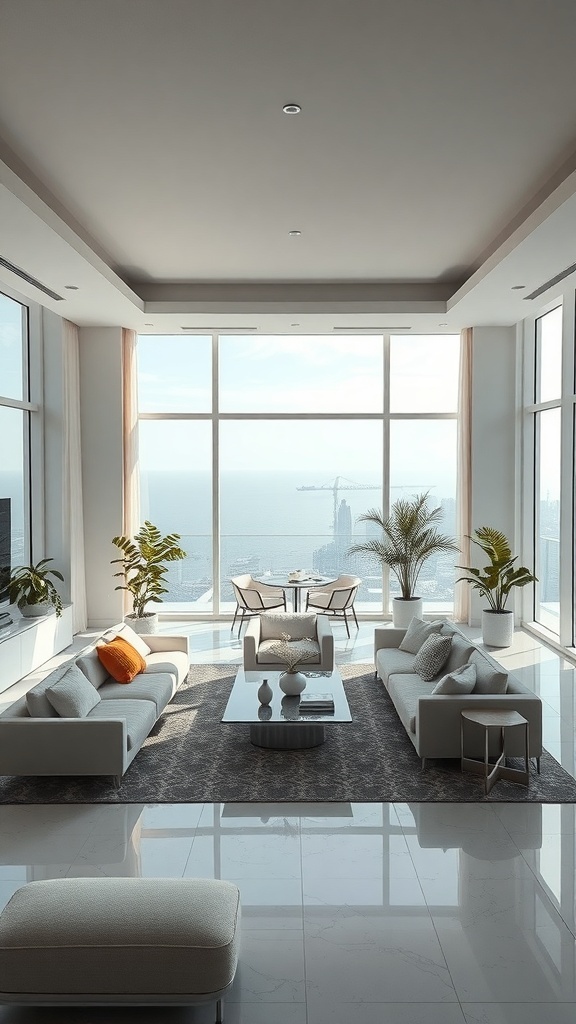 Ein moderner Wohnraum mit großen Fenstern, minimalistischen Möbeln und Pflanzen.