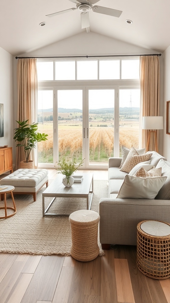 Modernes Wohnzimmer im Bauernhausstil mit verschiedenen Texturen und Blick auf die Natur