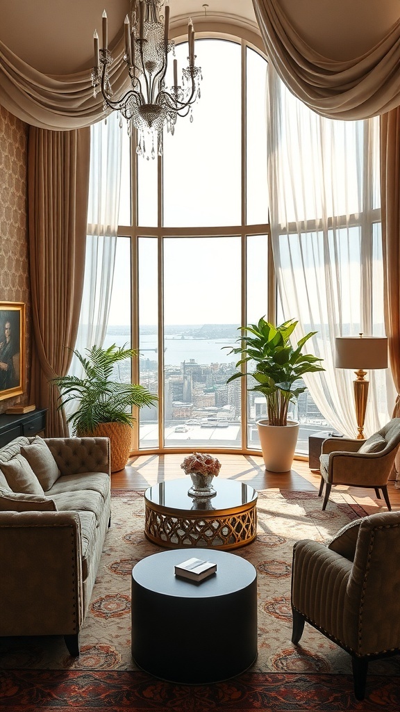Ein stilvolles Wohnzimmer im Art Deco Stil mit verschiedenen Texturen, großen Fenstern und eleganten Möbeln.