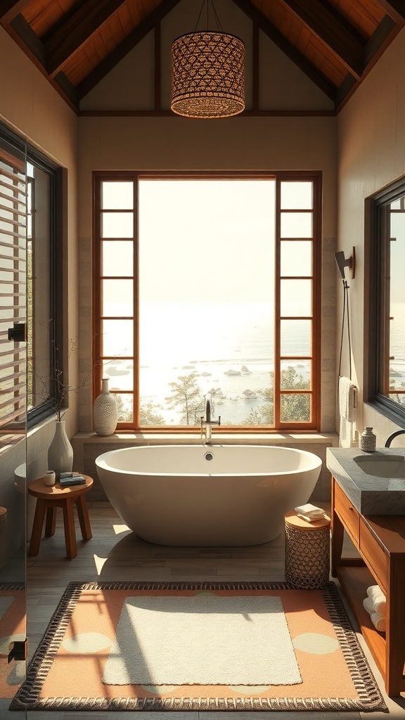 Luxuriöses Japandi-Badezimmer mit Blick auf die Natur