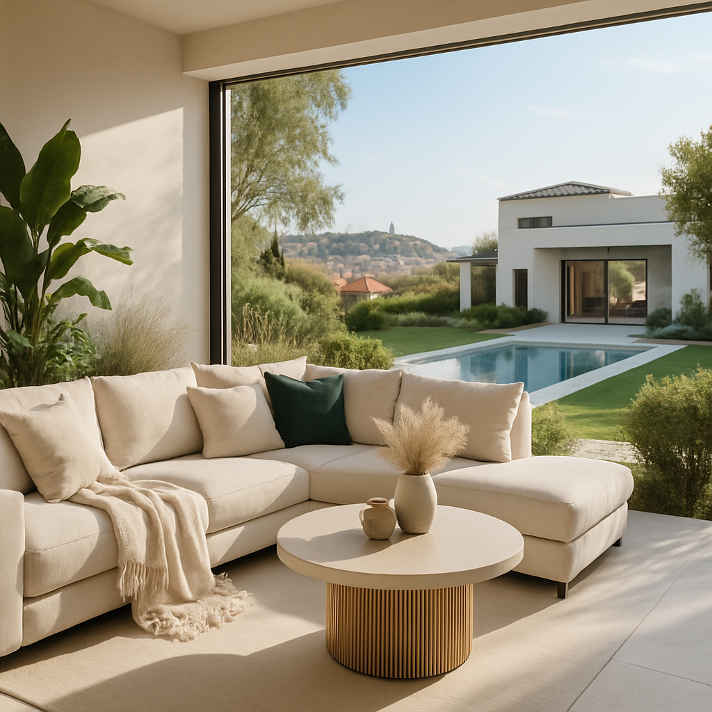 Moderne Innen- und Außenlounge mit Blick auf den Garten und Pool