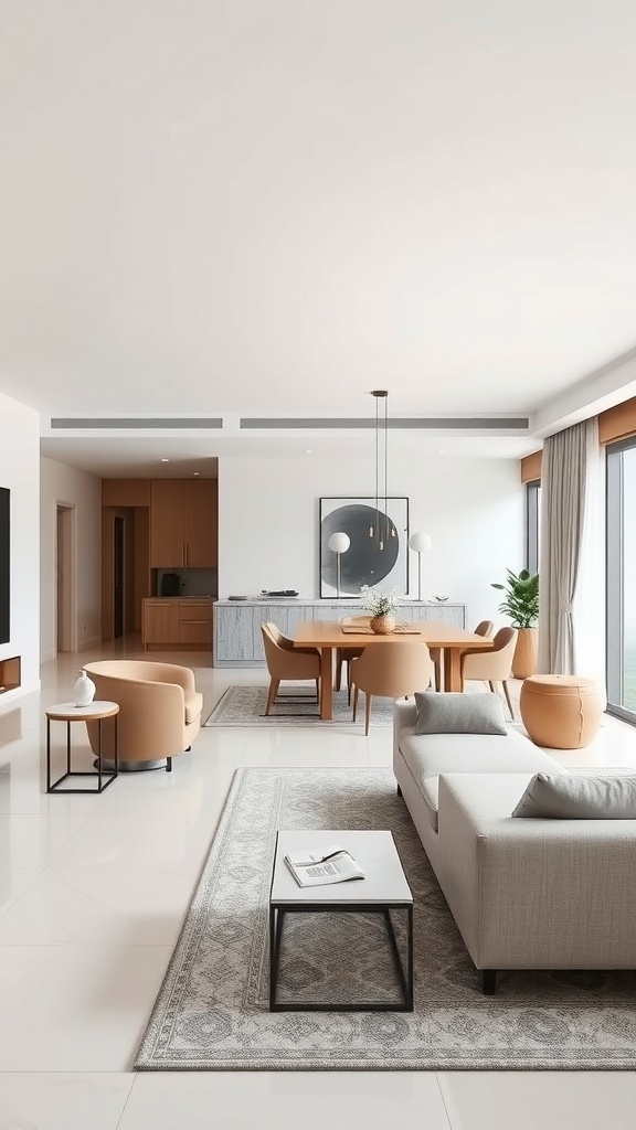 Ein moderner, offener Wohn- und Essbereich mit minimalistischen Möbeln und großen Fenstern.