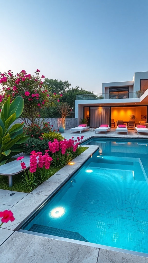 Ein schöner Poolbereich mit bunten Blumen und modernen Liegen