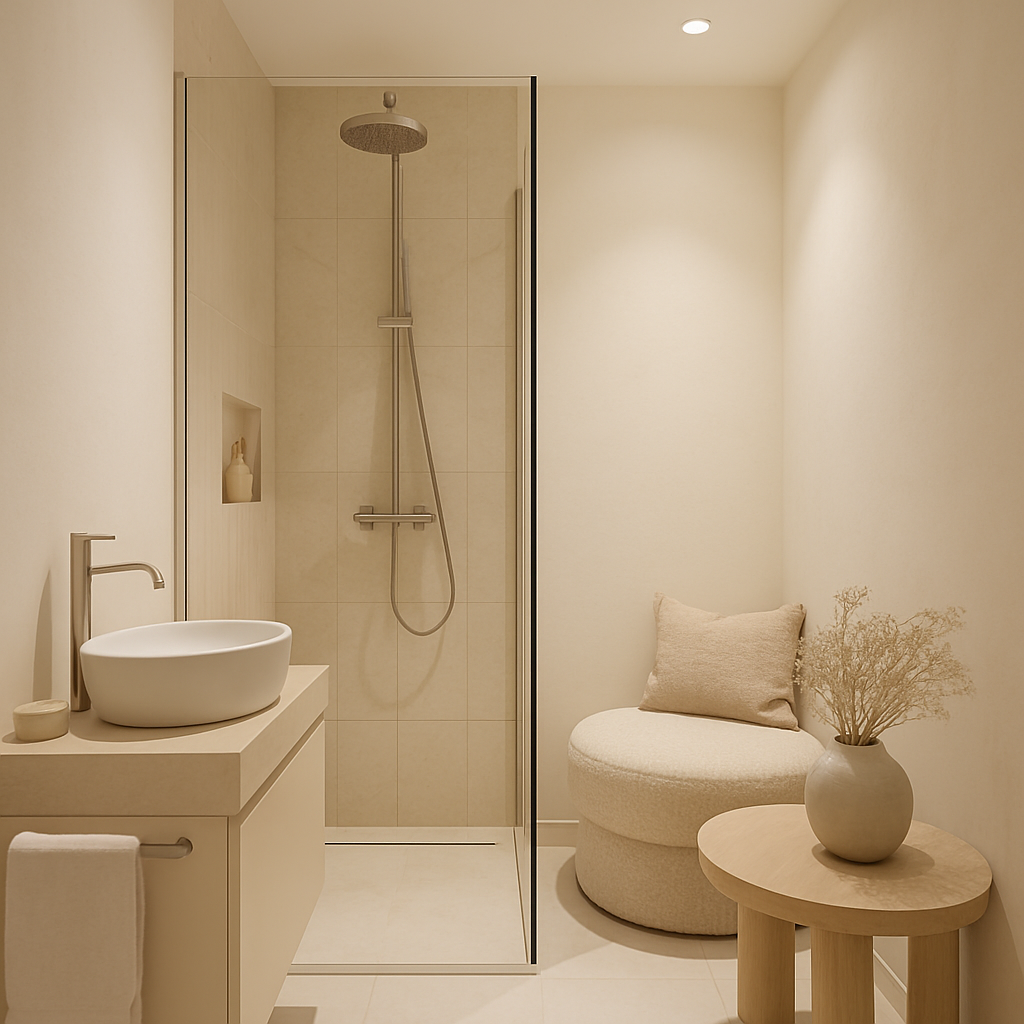 Moderne kompakte Dusche in einem kleinen Badezimmer mit hellem Design