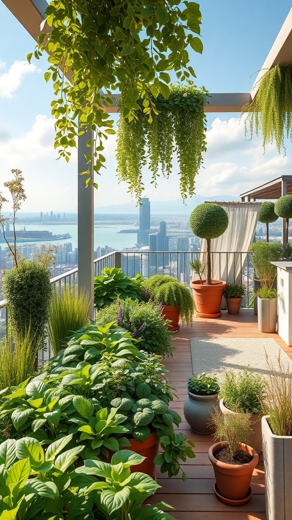 Eine Dachterrasse mit üppigen Kräutern in Töpfen und einer Aussicht auf die Stadt.