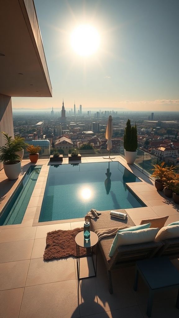Ein sonniger Außenbereich mit einem Pool, Sonnenliegen, einem Grill und bunten Aufbewahrungskörben.