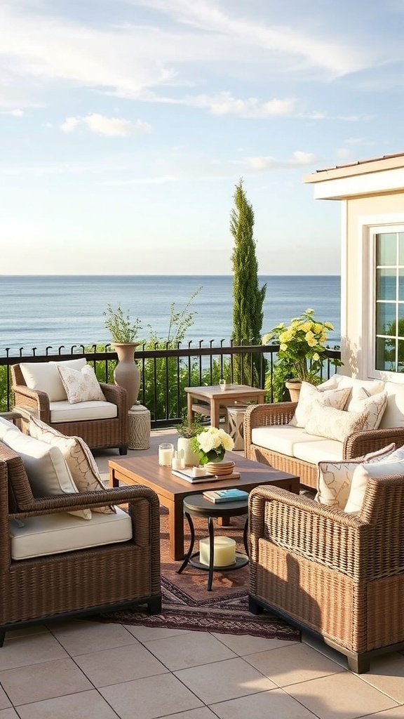 Gemütliche Outdoor Lounge mit Blick auf das Wasser, stilvolle Möbel und Pflanzen