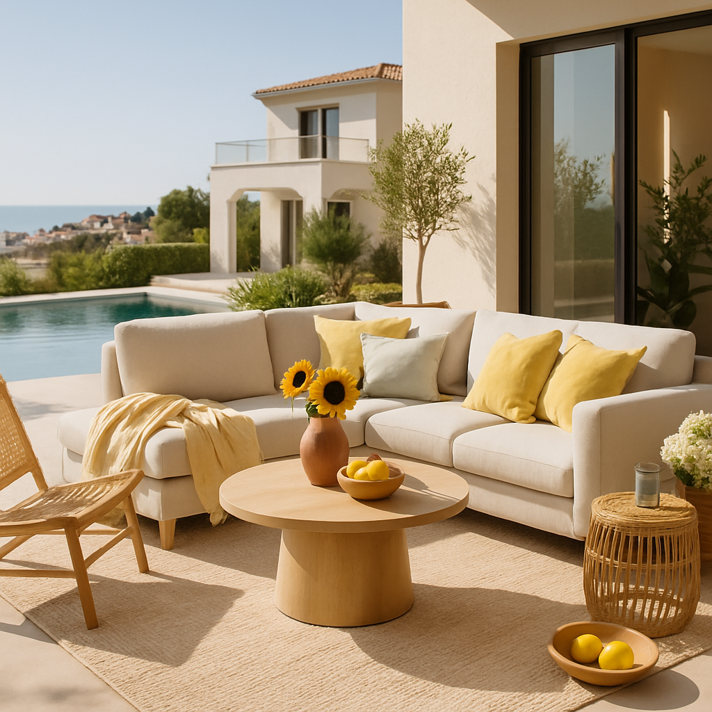 Gemütliche Terrasse mit Sofa, bunten Kissen, Holz-Tisch und Sonnenblumen