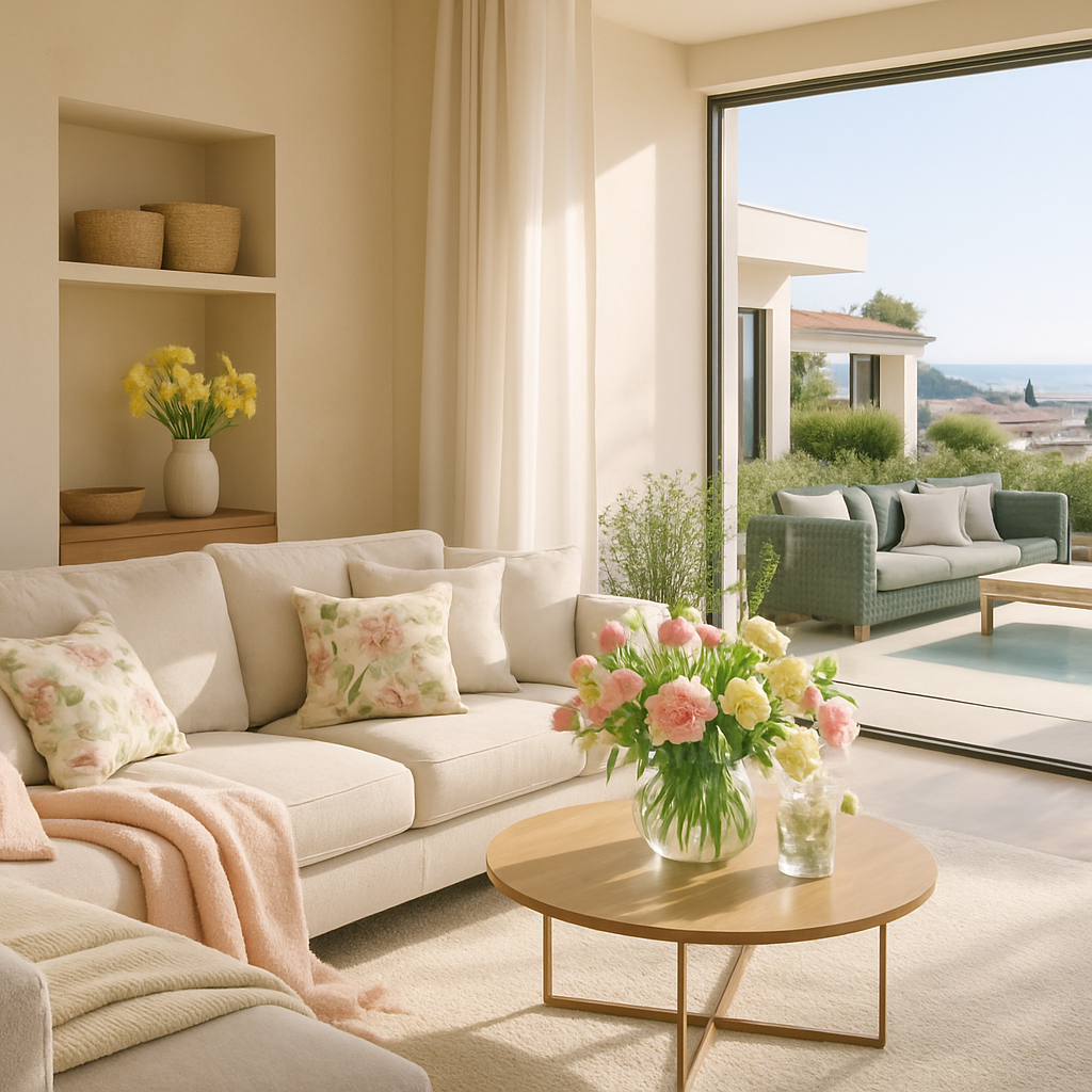 Helles Wohnzimmer mit Sofa, Couchtisch und frischen Blumen