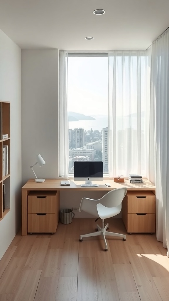 Minimalistisches Home-Office mit Holzschreibtisch und Blick auf die Stadt