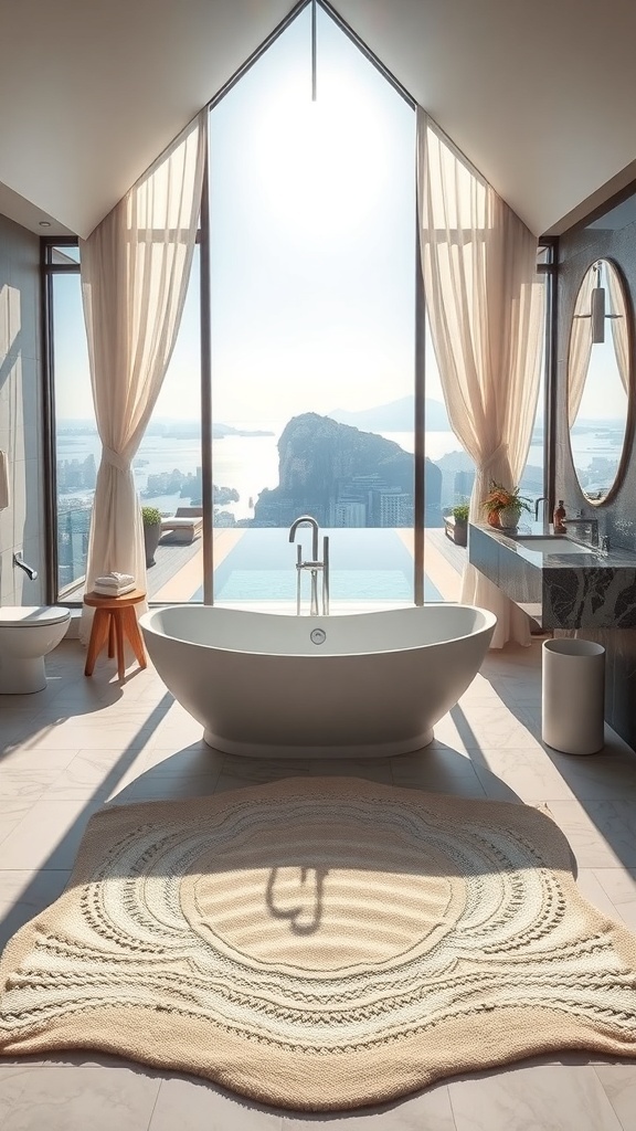 Moderne Badewanne mit Blick auf die Natur durch große Fenster