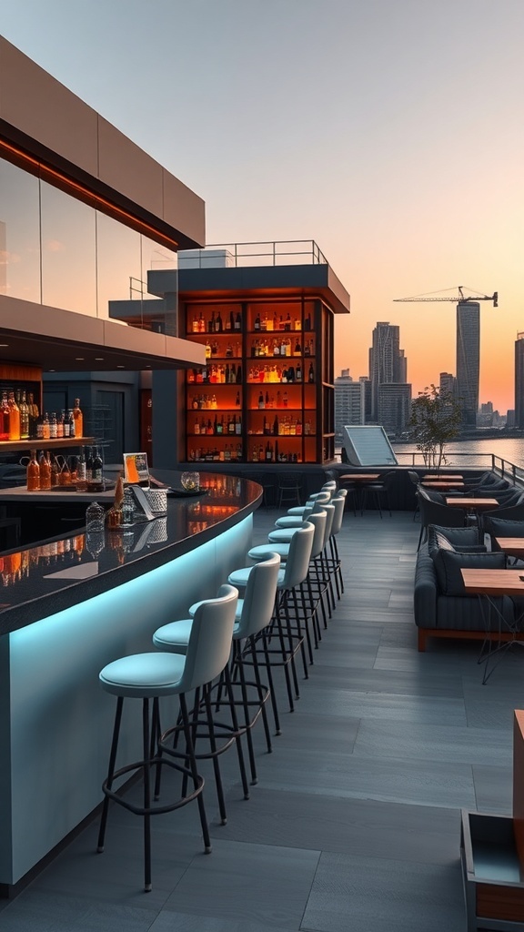 Stylische Bar-Ecke auf einer Dachterrasse mit Blick auf die Stadt bei Sonnenuntergang.