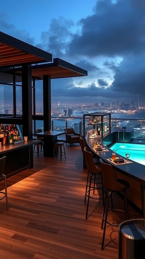 Luxuriöse Dachterrasse mit Bar und Blick auf die Stadt bei Dämmerung