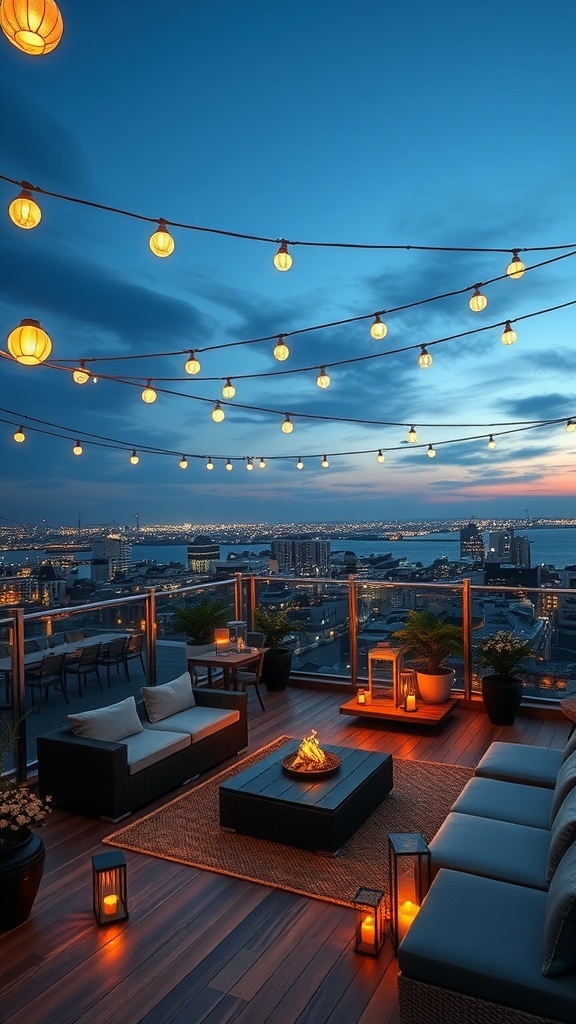 Eine stilvolle Dachterrasse mit hängenden Lichtern, gemütlichen Sitzgelegenheiten und einer Feuerstelle, die eine einladende Atmosphäre schafft.