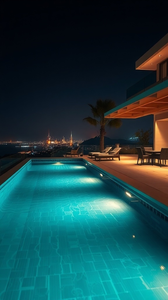 Ein beleuchteter Naturpool bei Nacht mit Blick auf die Stadt