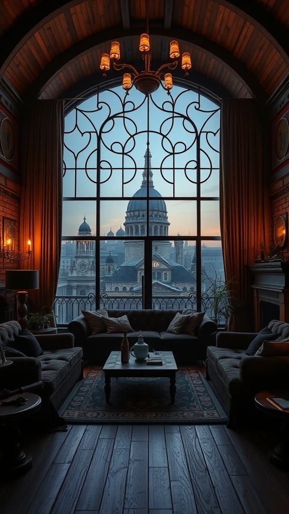 Ein stilvolles Wohnzimmer mit großen Fenstern, rustikaler Beleuchtung und einem Blick auf die Stadt.