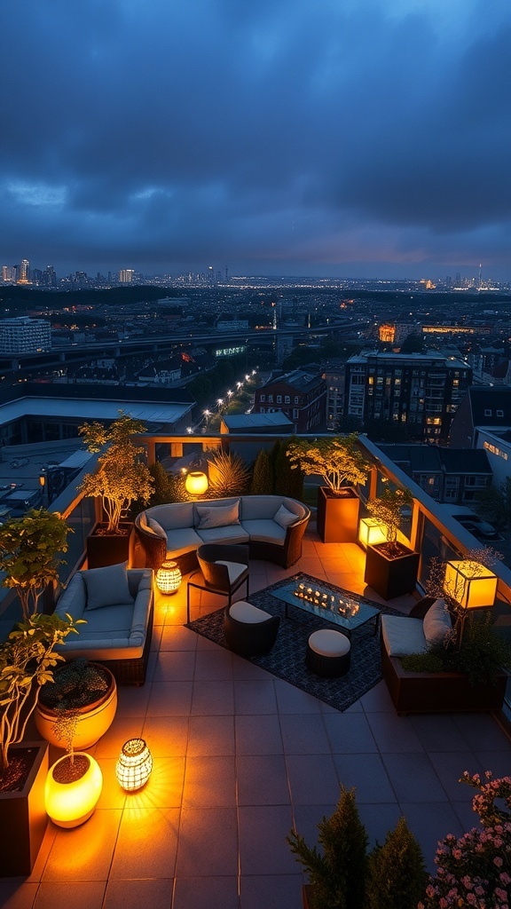 Eine stilvolle Dachterrasse mit kreativen Beleuchtungskonzepten für den Abend, warmes Licht und eine Feuerstelle.