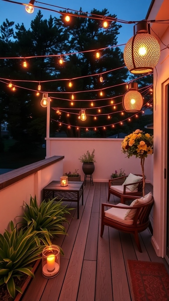 Eine stilvolle Terrasse mit hängenden Lichtern und Laternen, die eine gemütliche Atmosphäre schaffen.