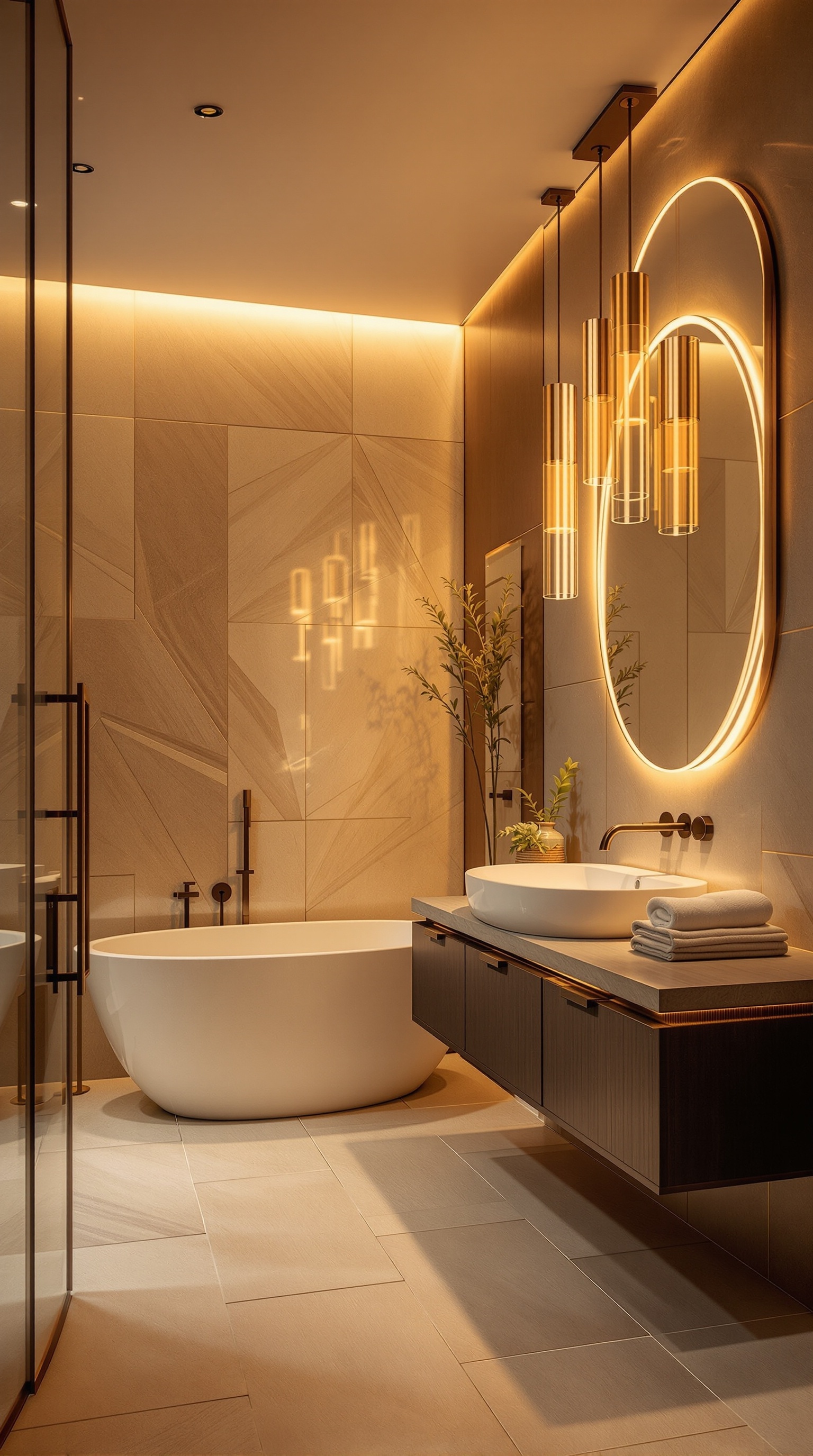 Modernes Zen-Badezimmer mit Meerblick und kreativer Beleuchtung